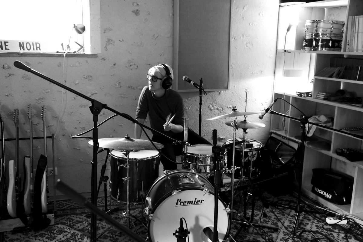 Pamela Hute at the drums in the live room